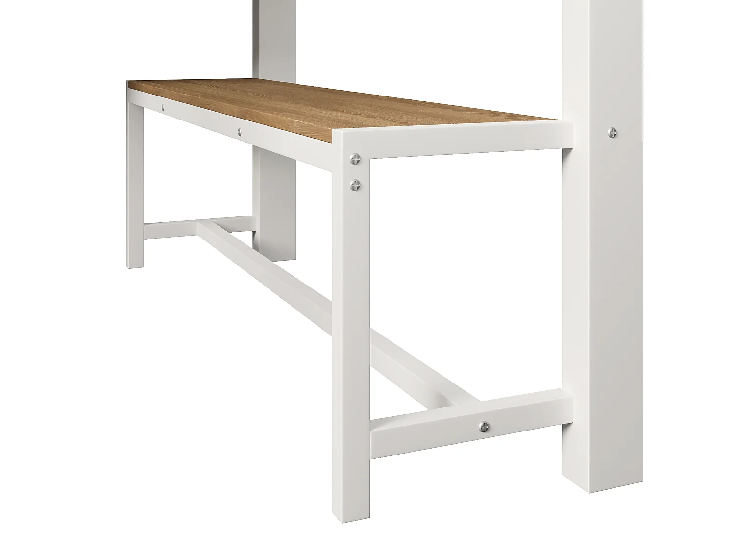 Lit mezzanine 140x200 cm en métal avec LED, étagères, bureau en bois, barre pour sécher le linge, blanc