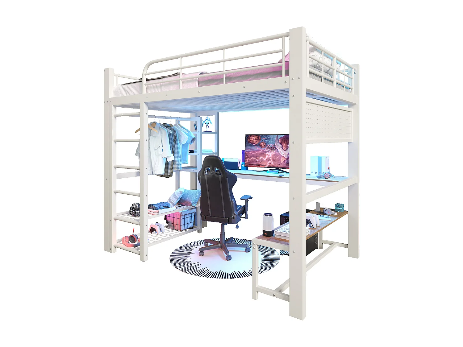 Lit mezzanine 140x200 cm en métal avec LED, étagères, bureau en bois, barre pour sécher le linge, blanc
