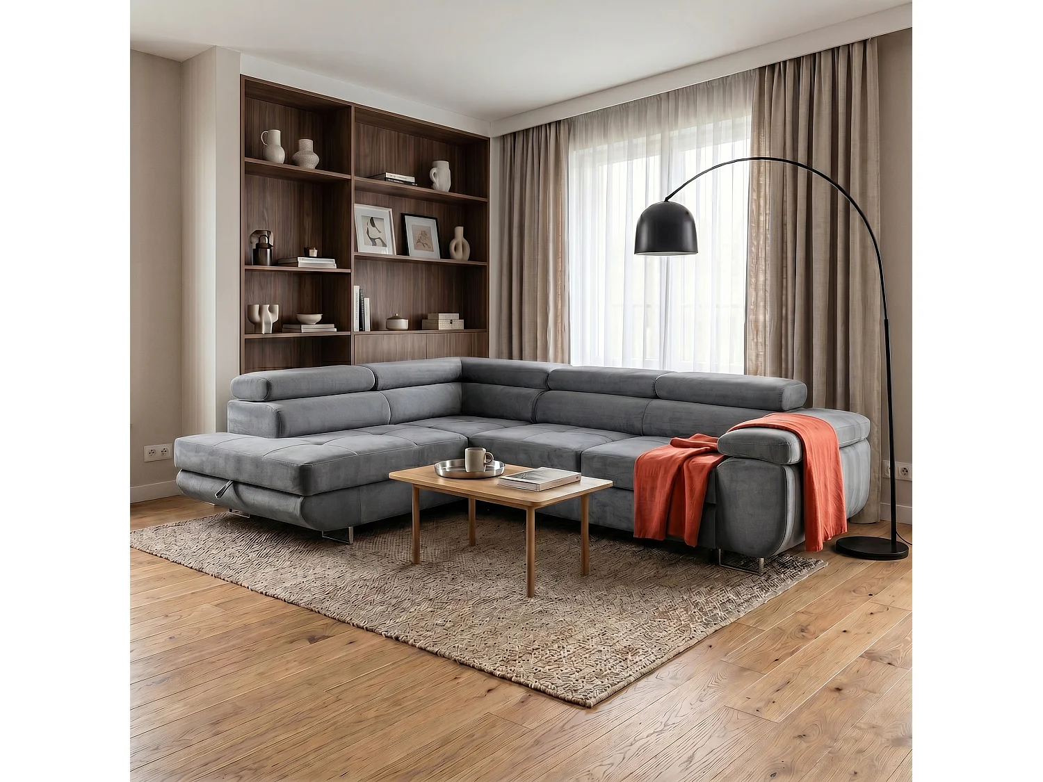 Ecksofa WILD L links mit Schlaffunktion 127x195 Velours grau