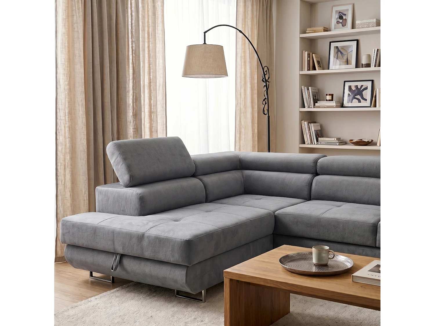Canapé d'angle gauche 3 places avec coffre en velours gris WILD