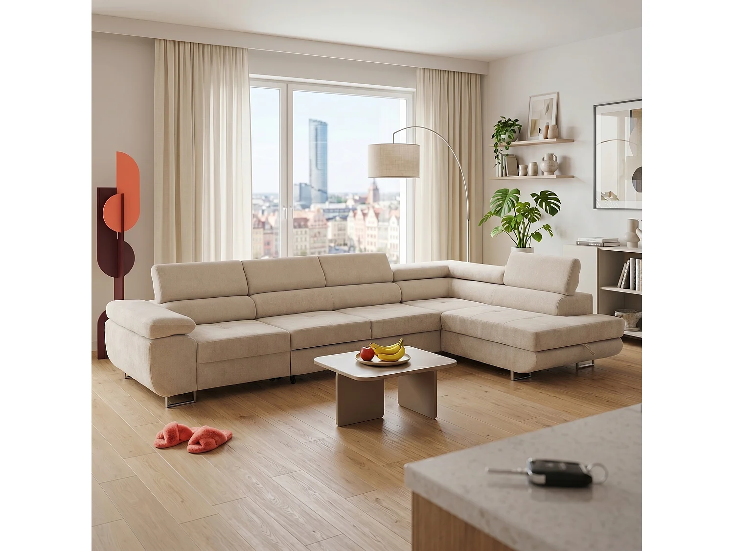 Canapé d'angle WILD MAXI L Droit avec fonction couchage 125x195 Chenille Beige