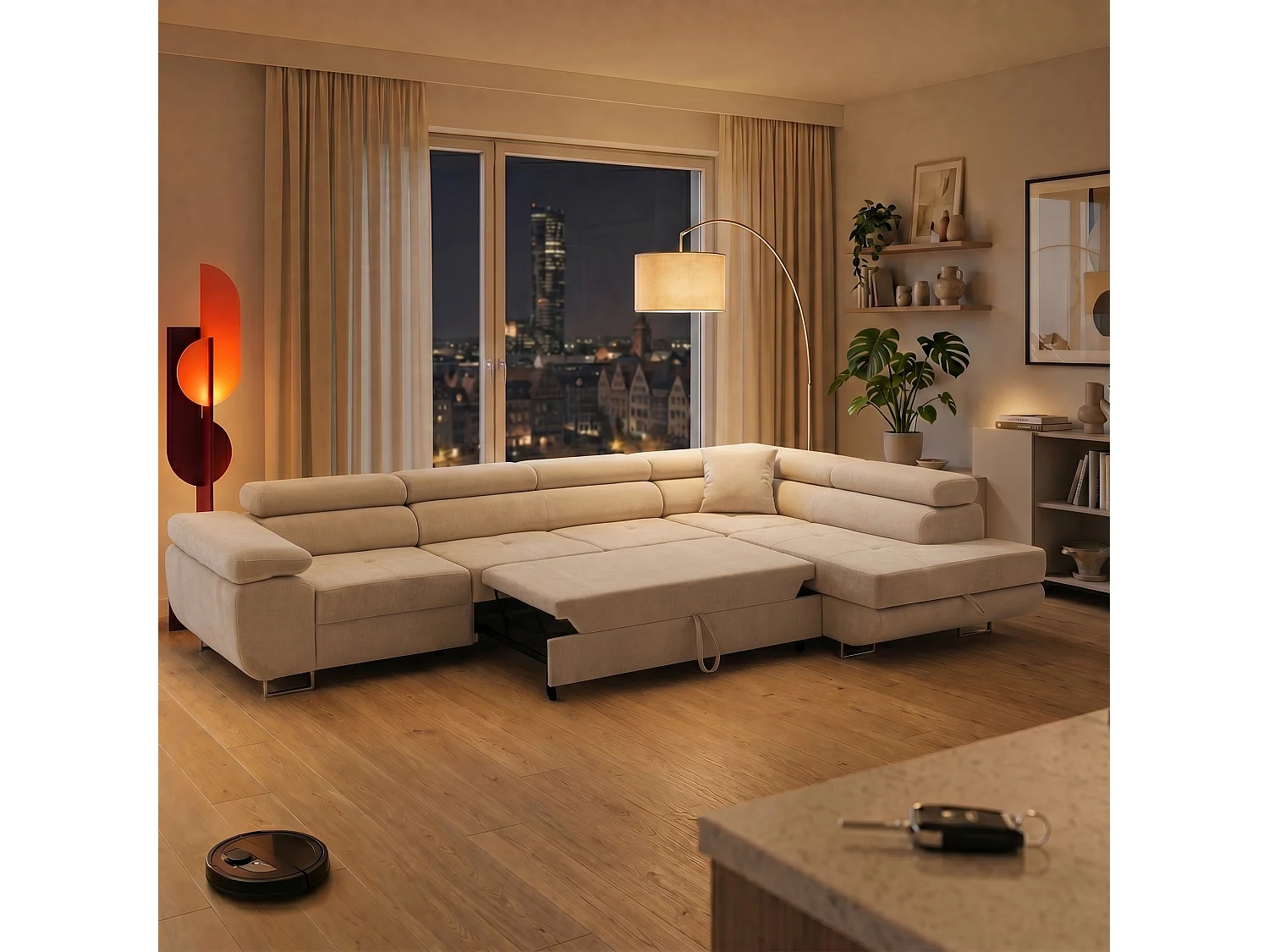 Canapé d'angle WILD MAXI L Droit avec fonction couchage 125x195 Chenille Beige