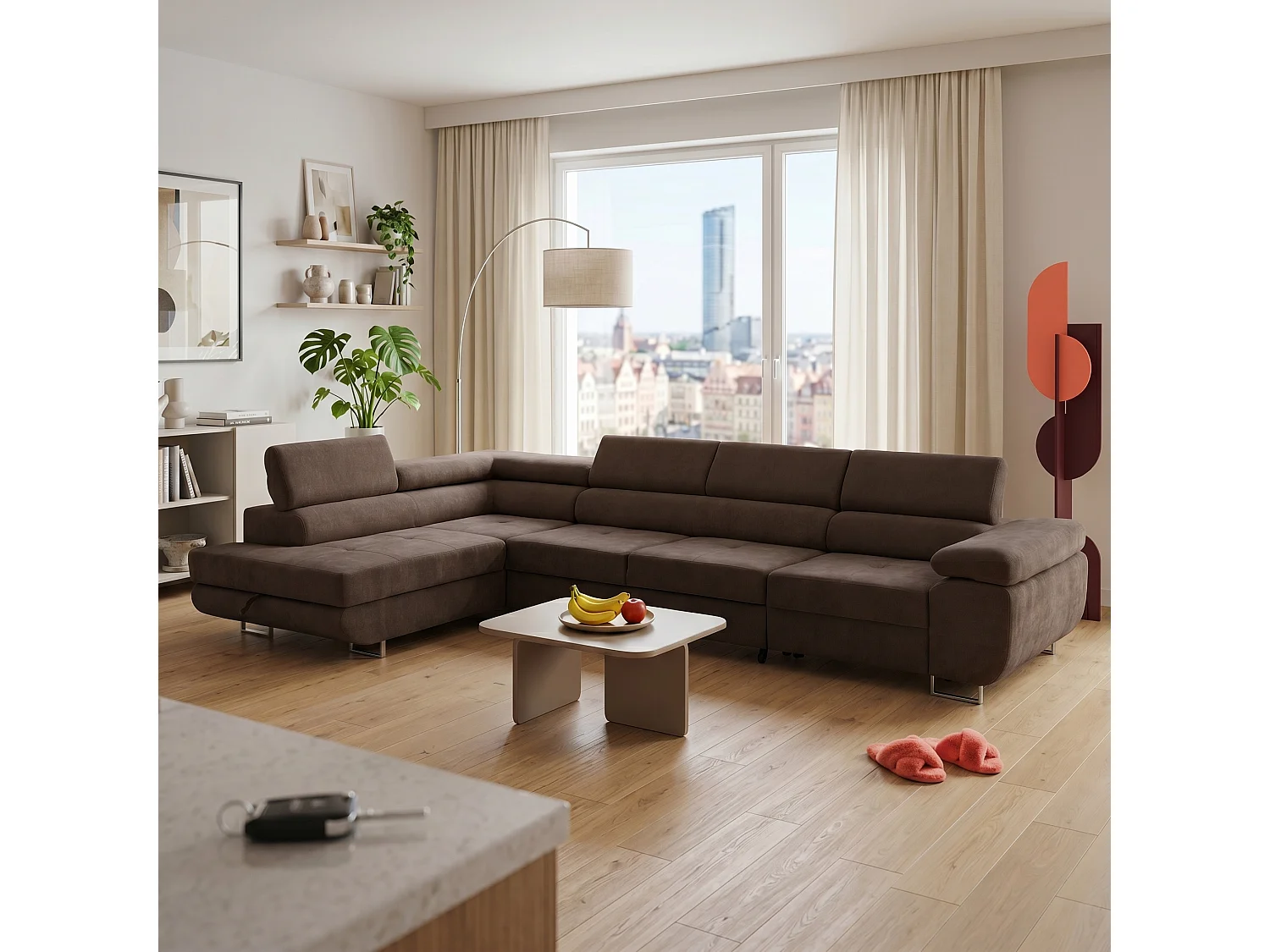 Canapé d'angle WILD MAXI L Gauche avec fonction couchage 125x195 Chenille Marron foncé