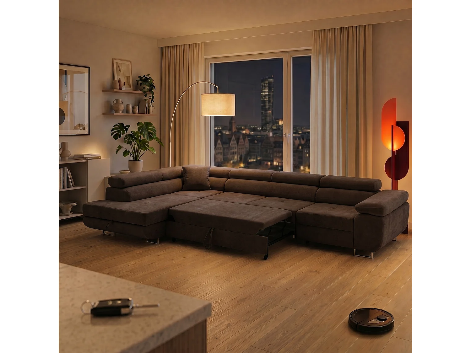 Canapé d'angle WILD MAXI L Gauche avec fonction couchage 125x195 Chenille Marron foncé