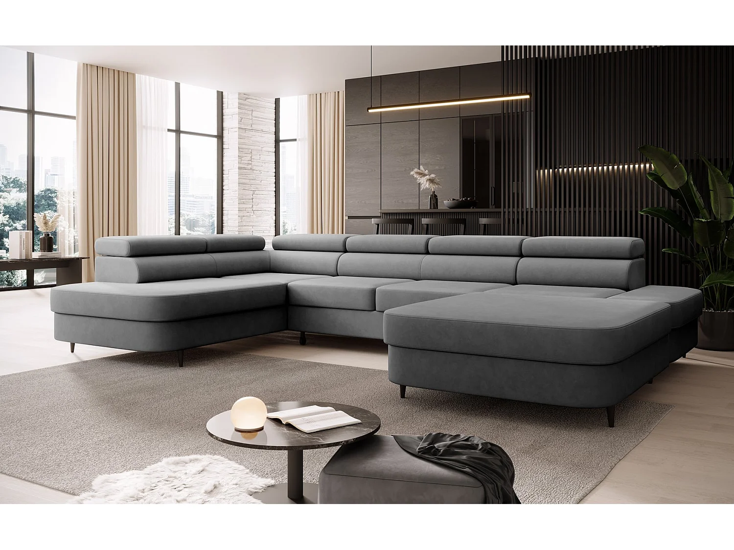 Canapé panoramique convertible avec coffre PRIAM U Gauche avec fonction couchage  Velours Gris