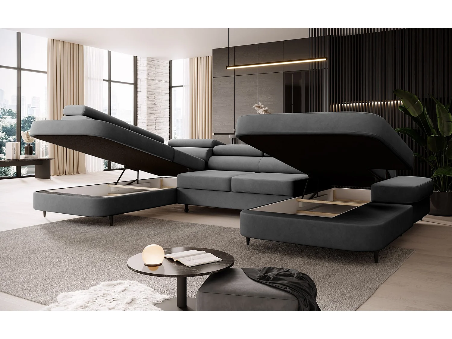 Canapé panoramique convertible avec coffre PRIAM U Gauche avec fonction couchage  Velours Gris