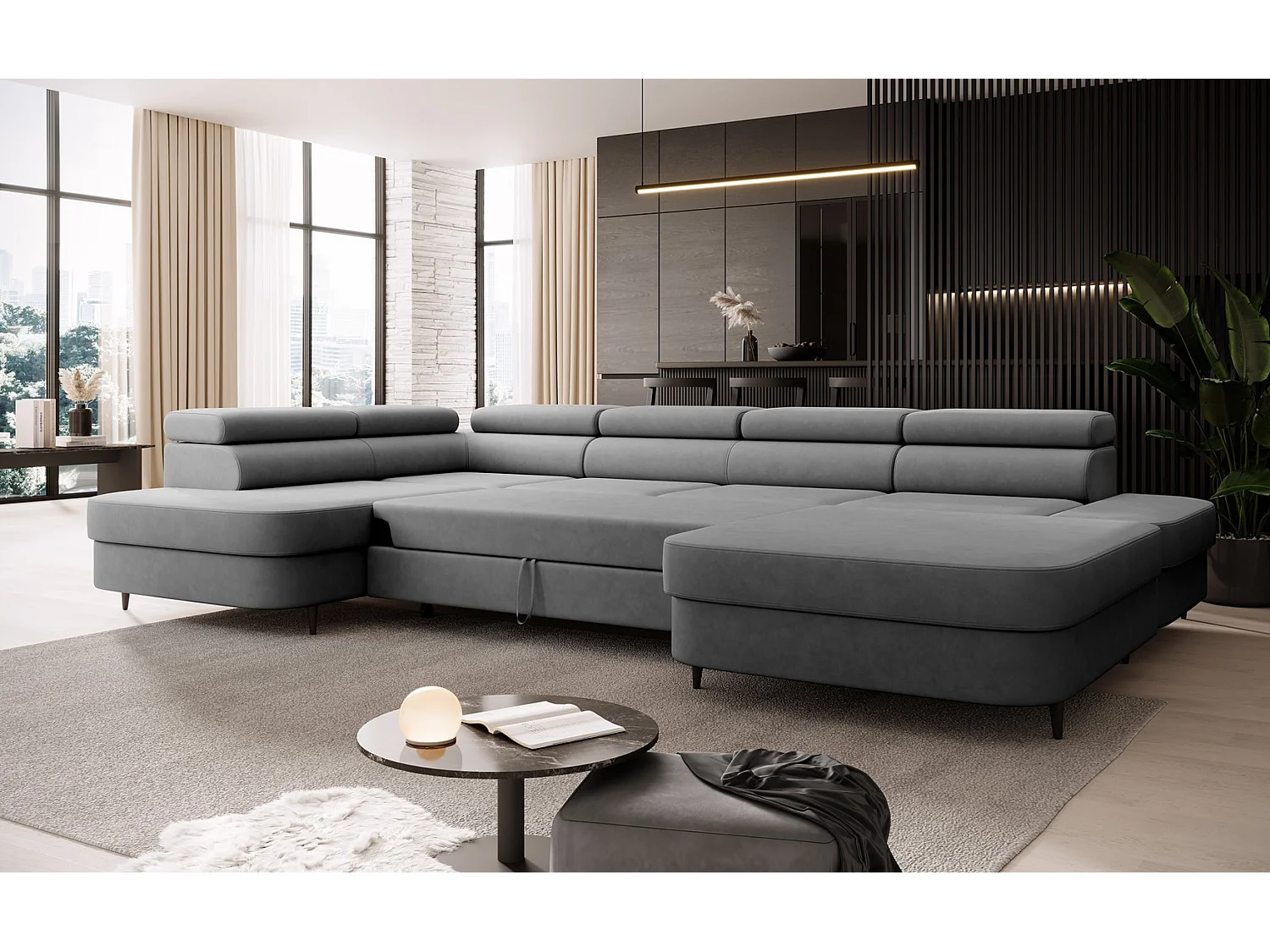 Canapé panoramique convertible avec coffre PRIAM U Gauche avec fonction couchage  Velours Gris