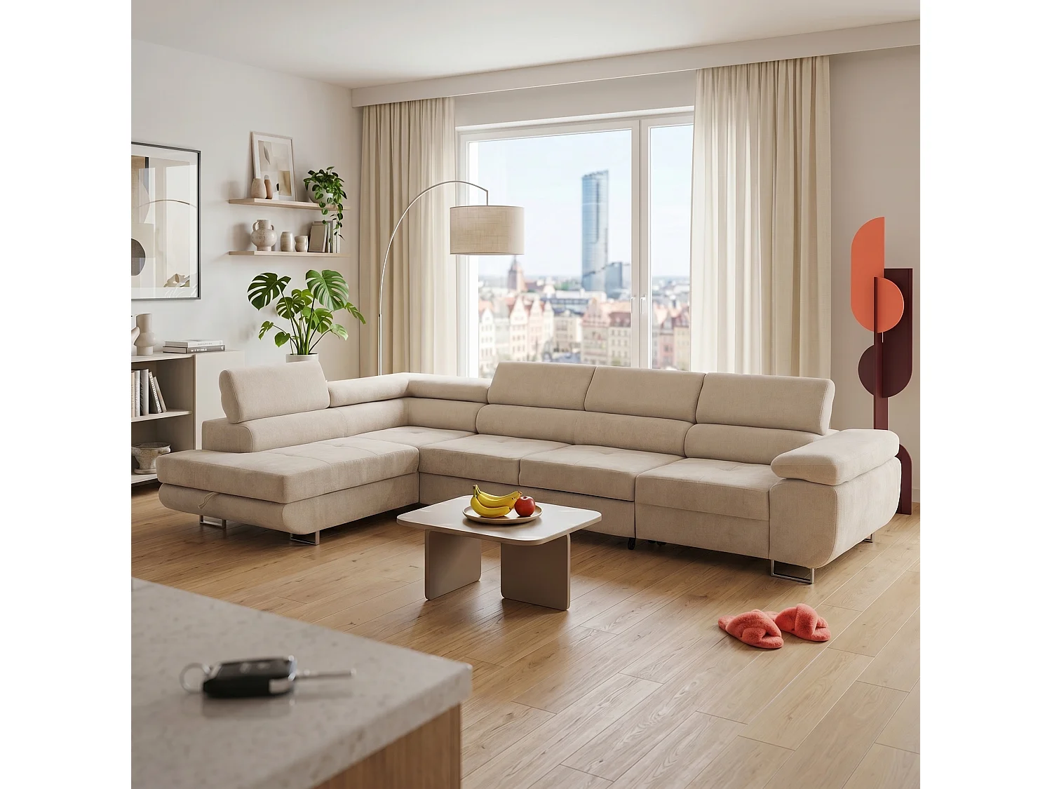 Canapé d'angle WILD MAXI L Gauche avec fonction couchage 125x195 Chenille Beige