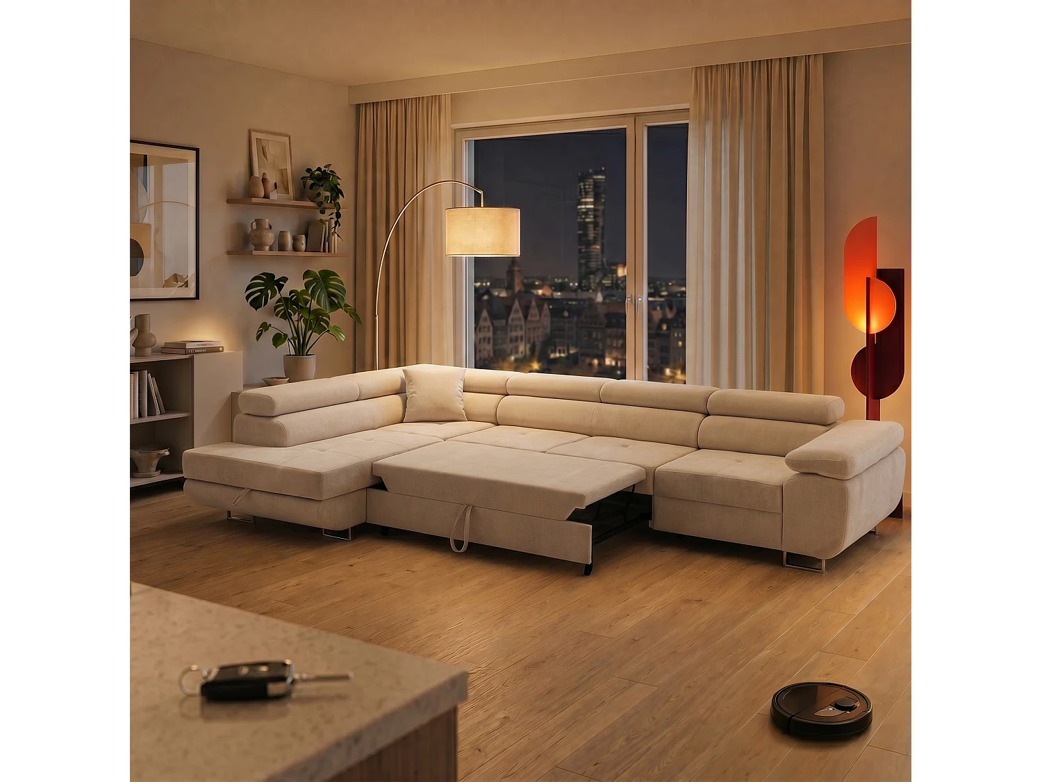 Canapé d'angle WILD MAXI L Gauche avec fonction couchage 125x195 Chenille Beige