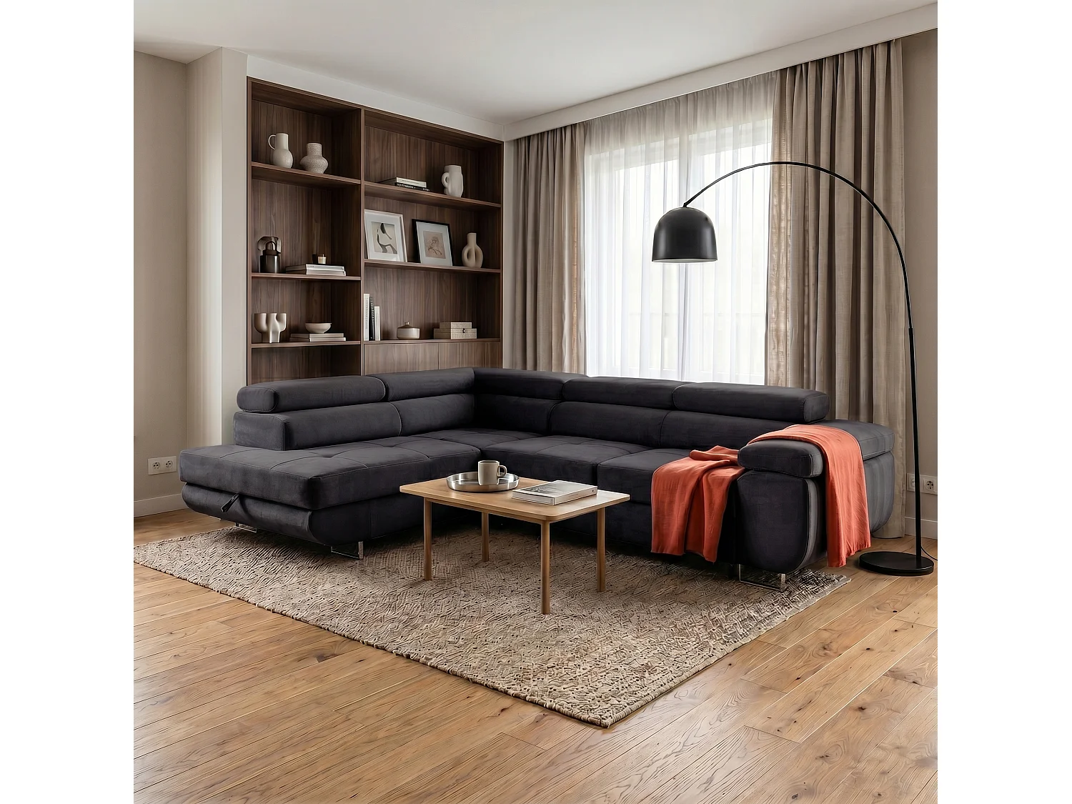 Ecksofa WILD L links mit Schlaffunktion 127x195 Velours anthrazitgrau