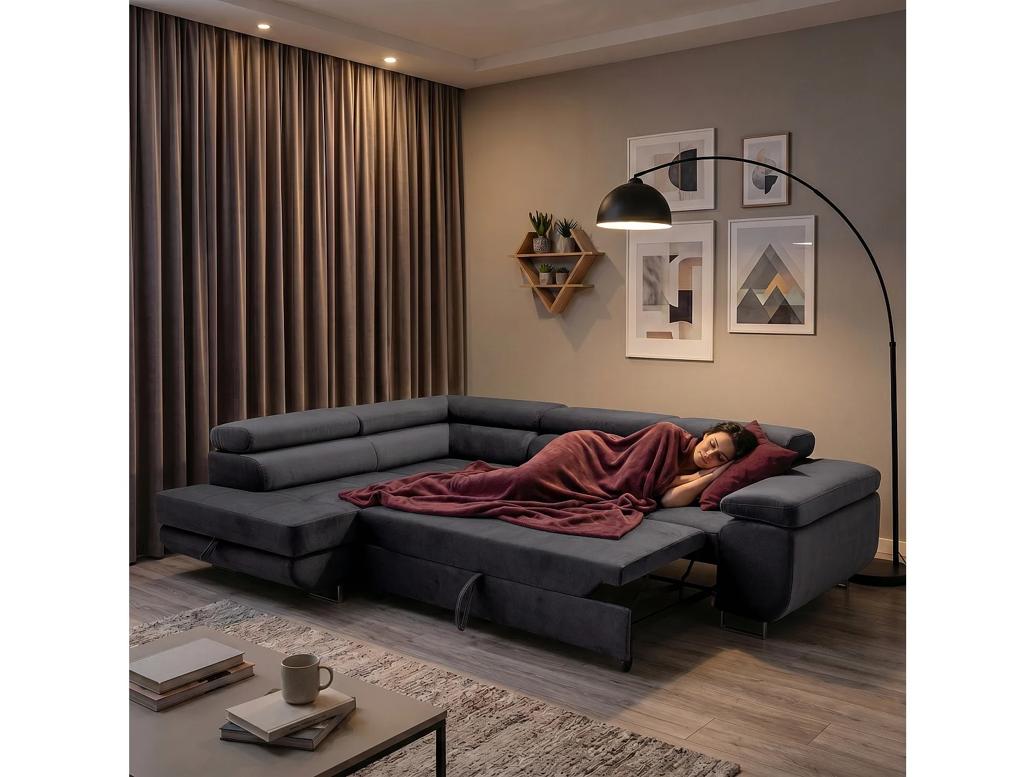 Ecksofa WILD L links mit Schlaffunktion 127x195 Velours anthrazitgrau