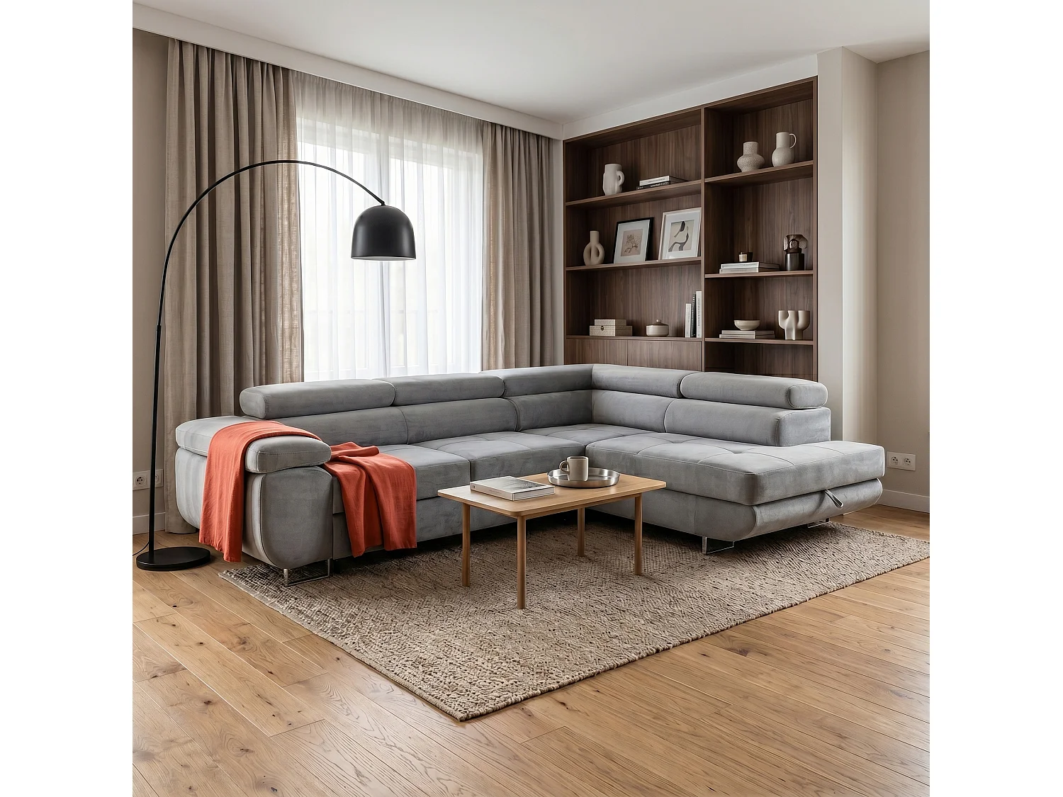 Ecksofa WILD L rechts mit Schlaffunktion 127x195 Velours hellgrau