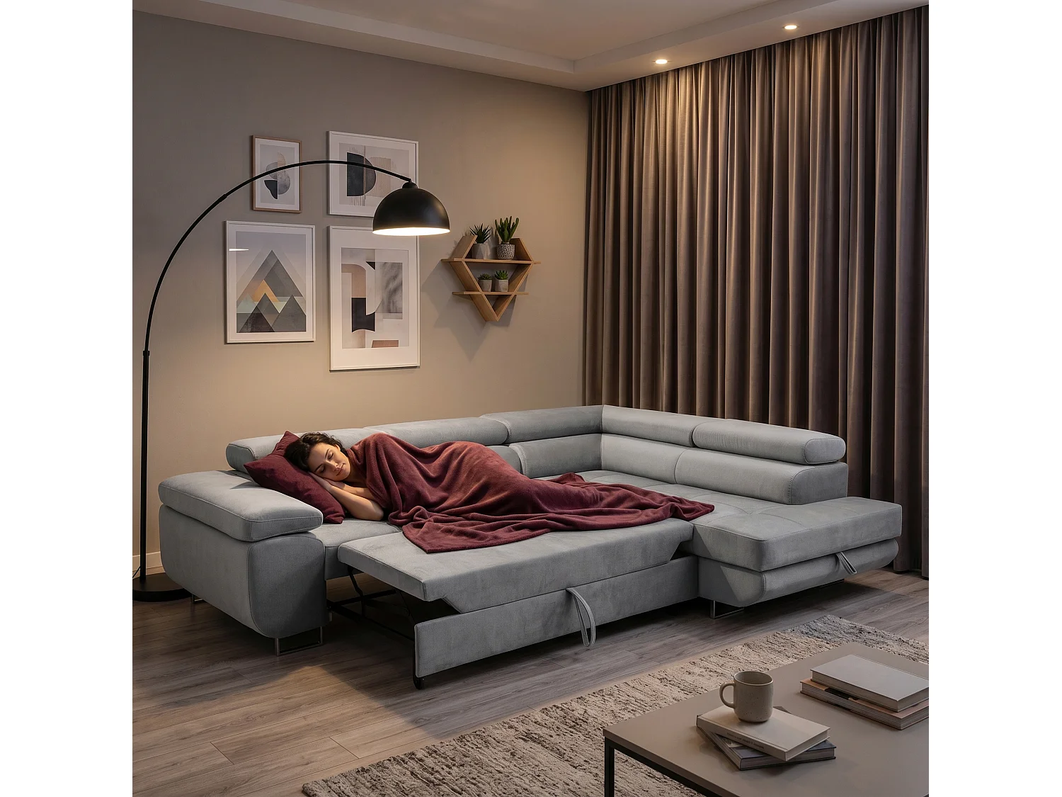 Ecksofa WILD L rechts mit Schlaffunktion 127x195 Velours hellgrau