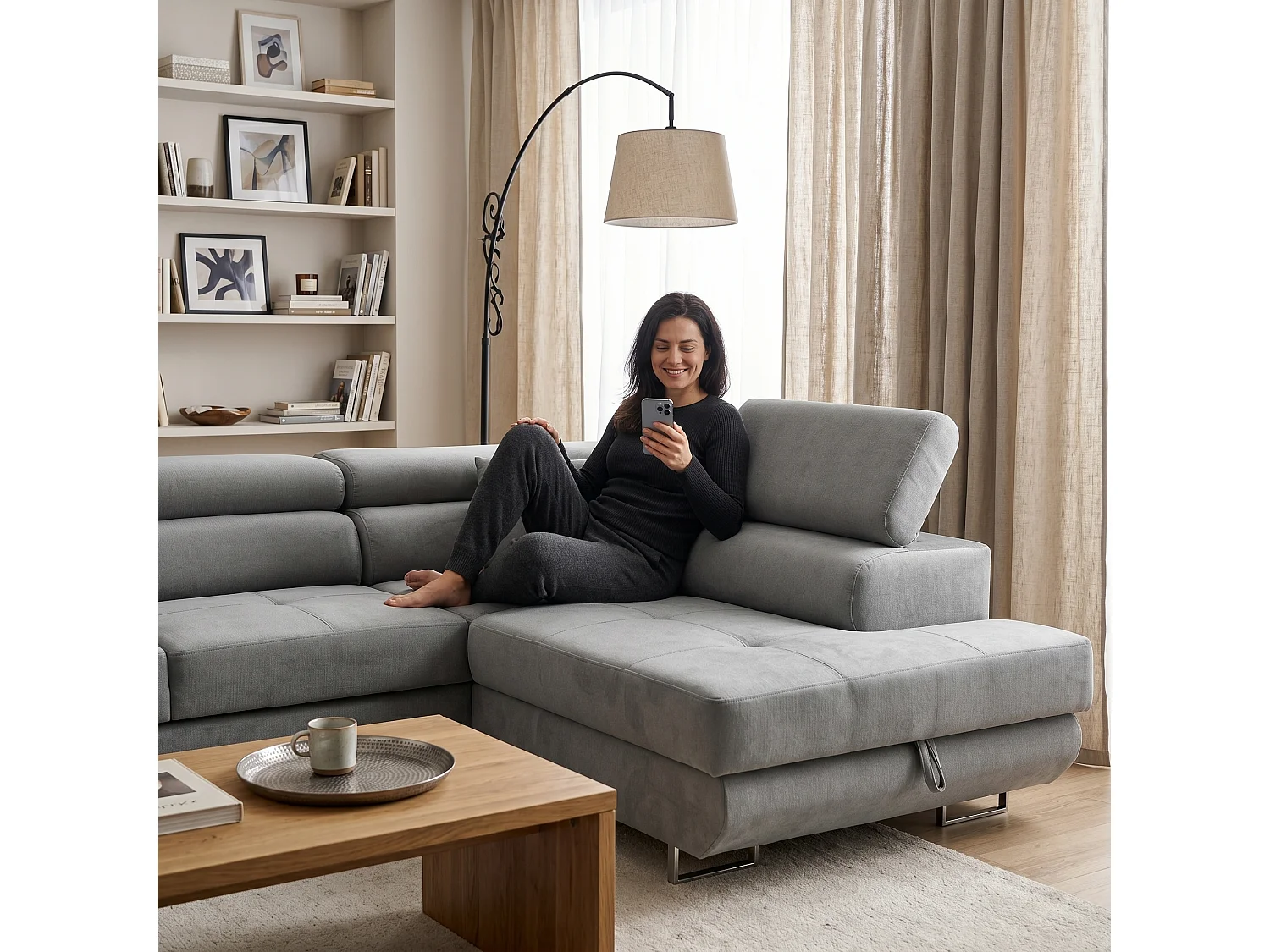 Ecksofa WILD L rechts mit Schlaffunktion 127x195 Velours hellgrau