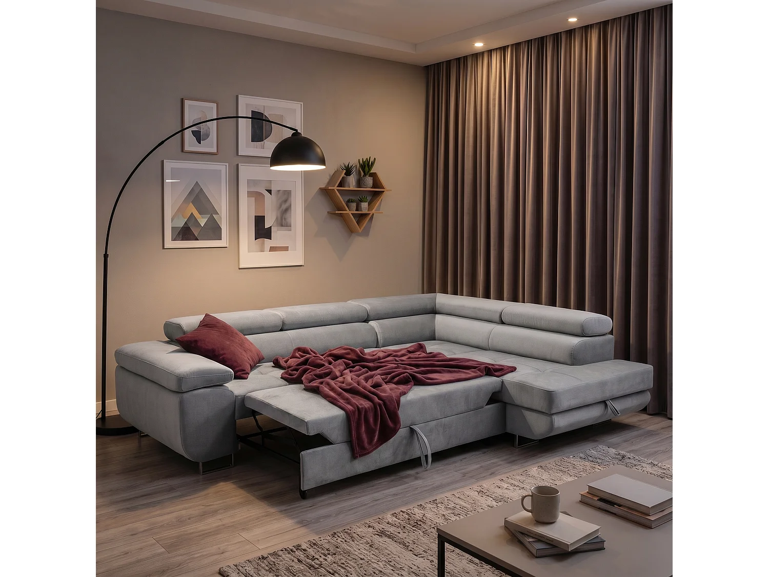 Canapé d'angle droit 3 places avec coffre en velours gris clair WILD