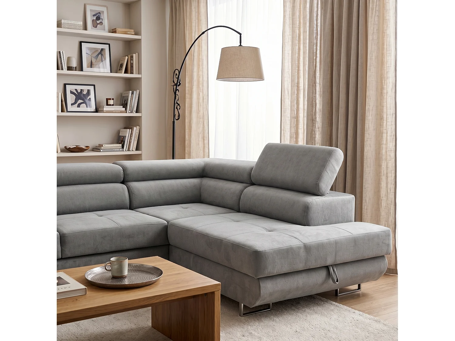 Canapé d'angle droit 3 places avec coffre en velours gris clair WILD