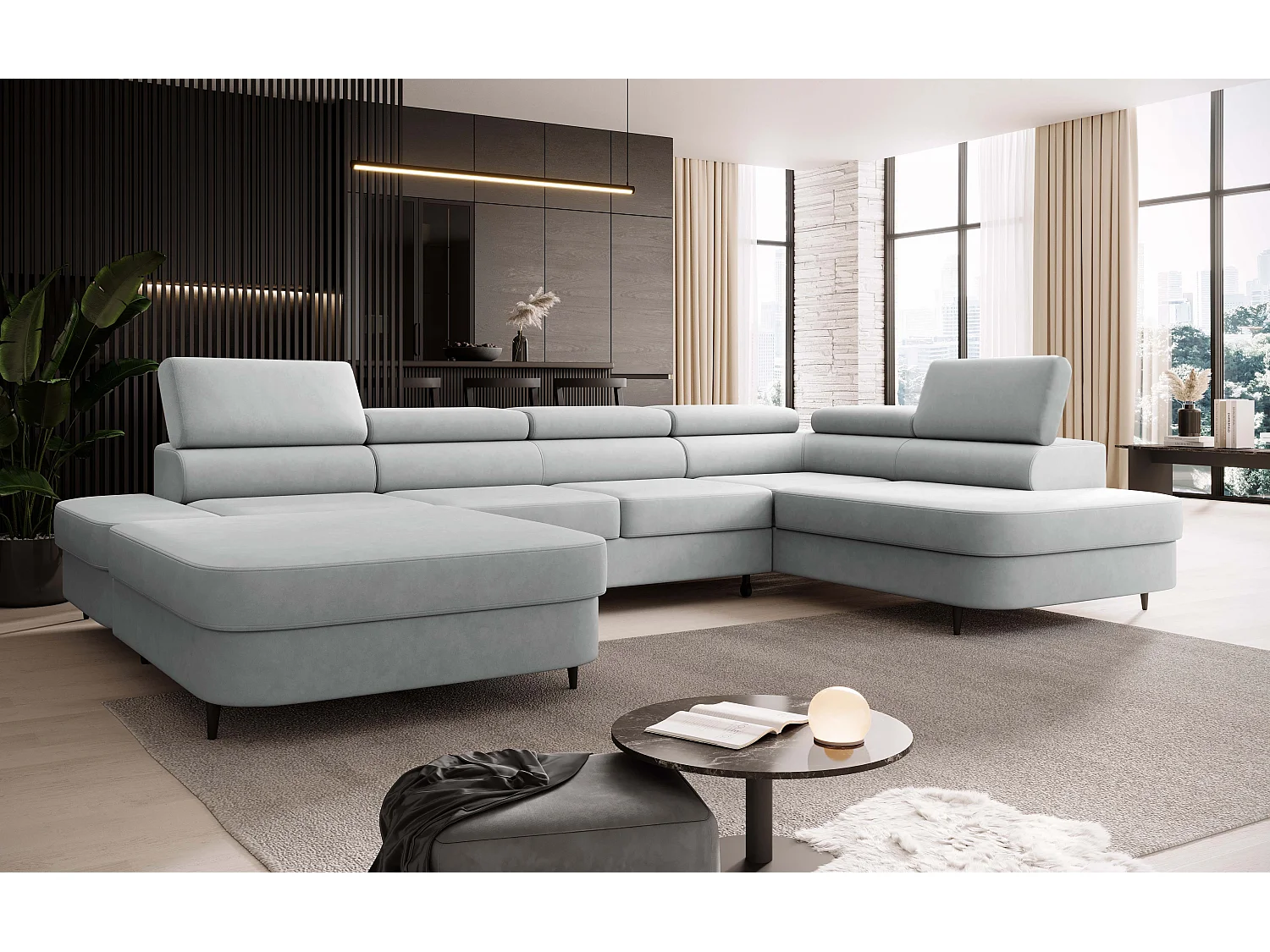 Canapé panoramique convertible avec coffre PRIAM U Droit avec fonction couchage  Velours Gris clair