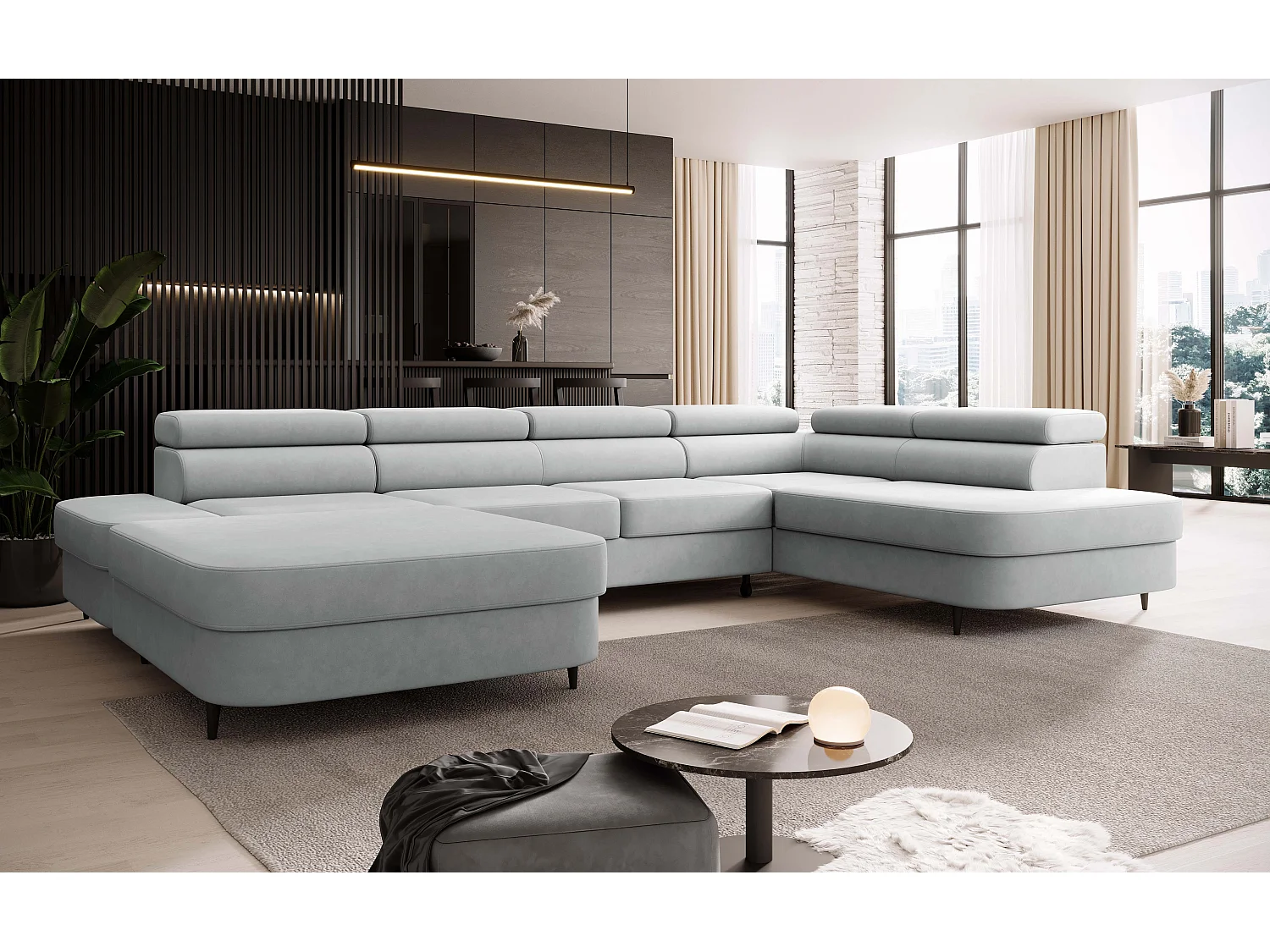 Canapé panoramique convertible avec coffre PRIAM U Droit avec fonction couchage  Velours Gris clair