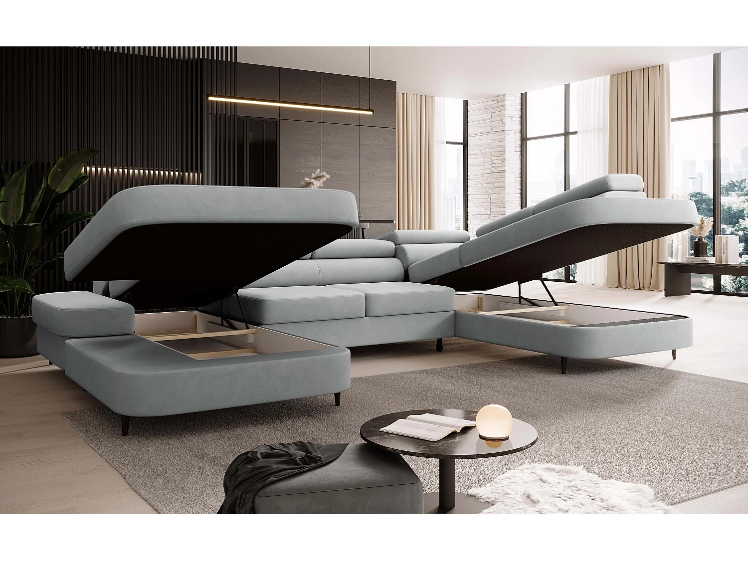 Canapé panoramique convertible avec coffre PRIAM U Droit avec fonction couchage  Velours Gris clair