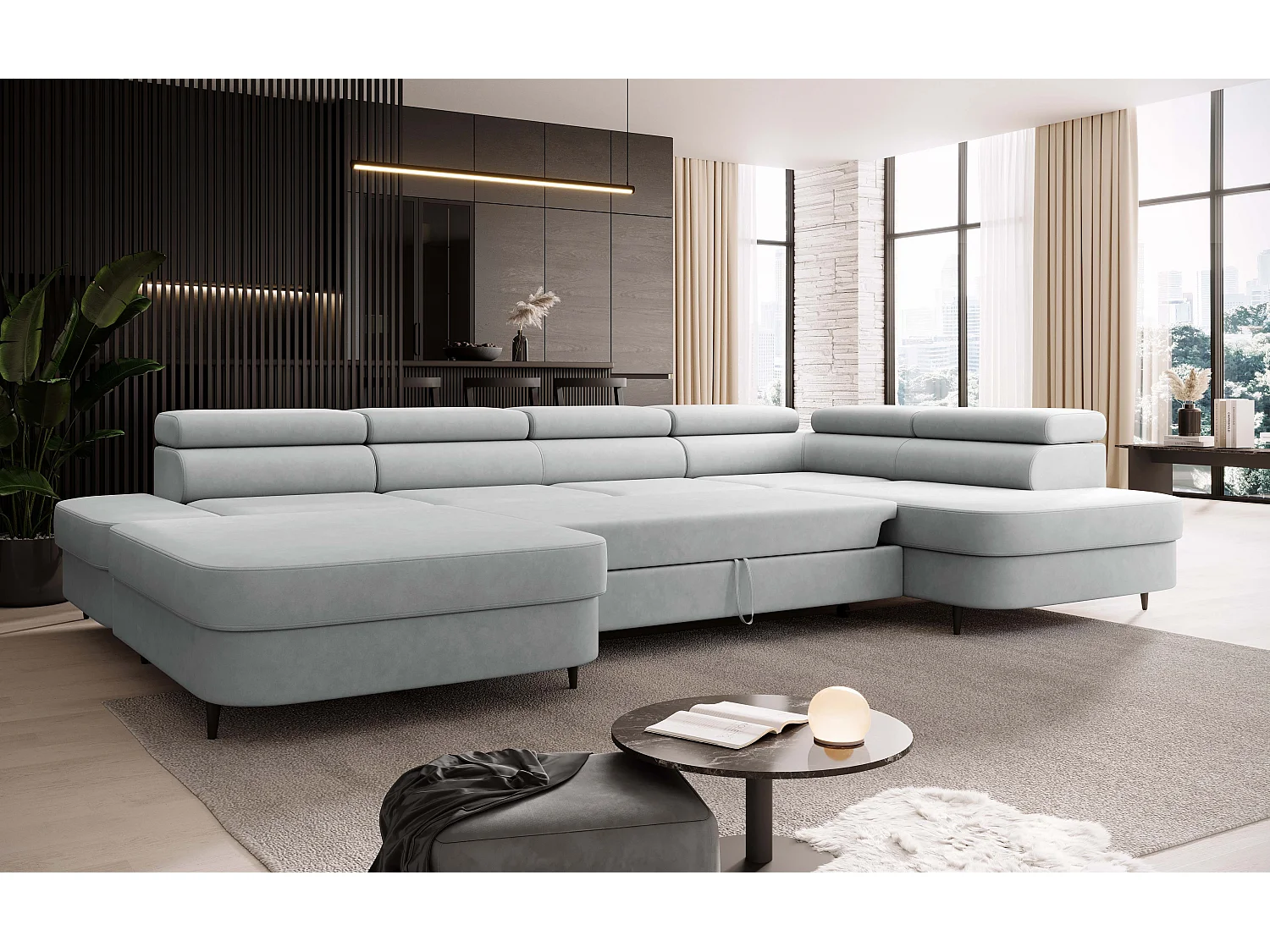 Canapé panoramique convertible avec coffre PRIAM U Droit avec fonction couchage  Velours Gris clair