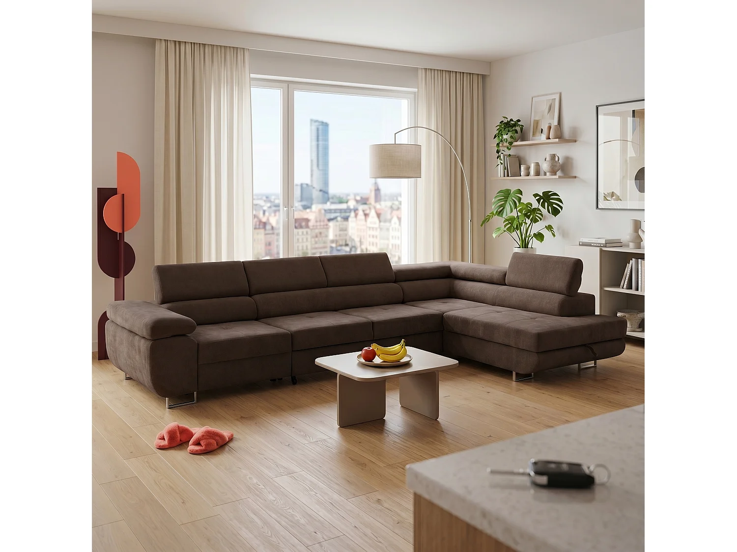 Canapé d'angle WILD MAXI L Droit avec fonction couchage 125x195 Chenille Marron foncé