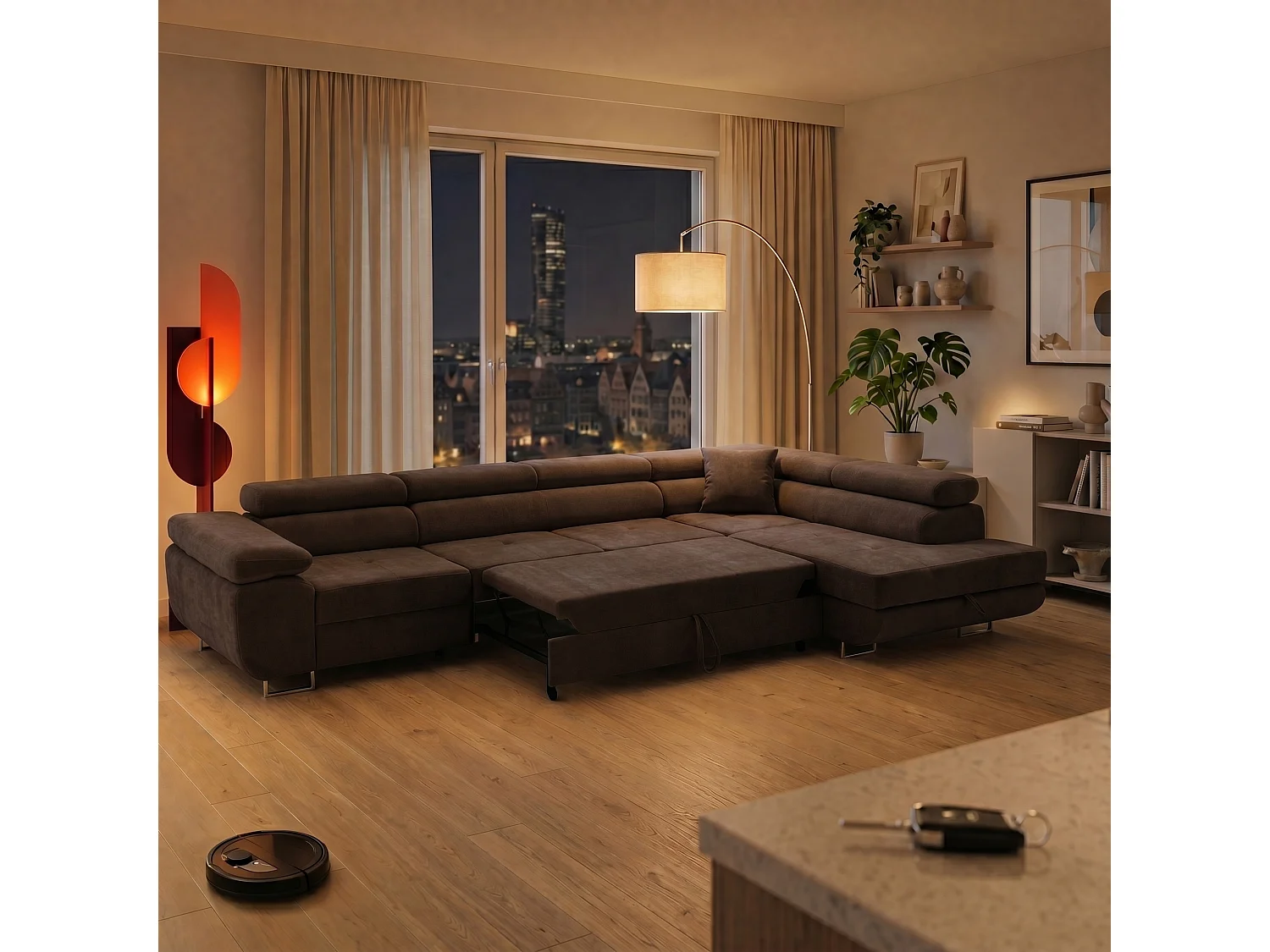 Canapé d'angle WILD MAXI L Droit avec fonction couchage 125x195 Chenille Marron foncé