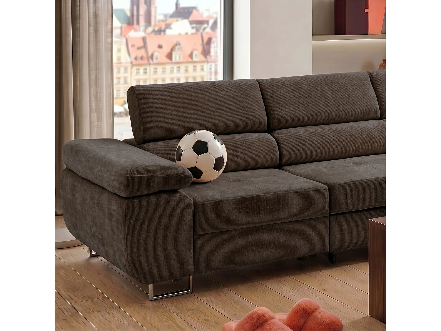 Canapé d'angle WILD MAXI L Droit avec fonction couchage 125x195 Chenille Marron foncé