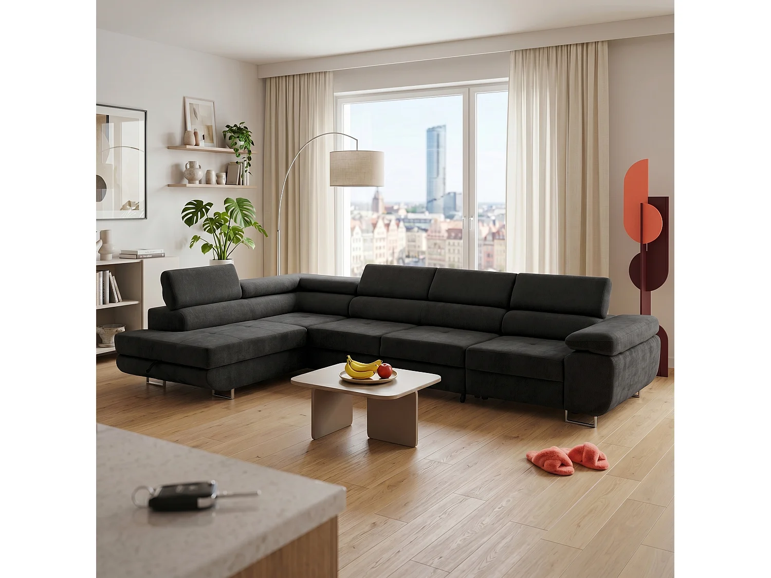 Canapé d'angle WILD MAXI L Gauche avec fonction couchage 125x195 Chenille Noir