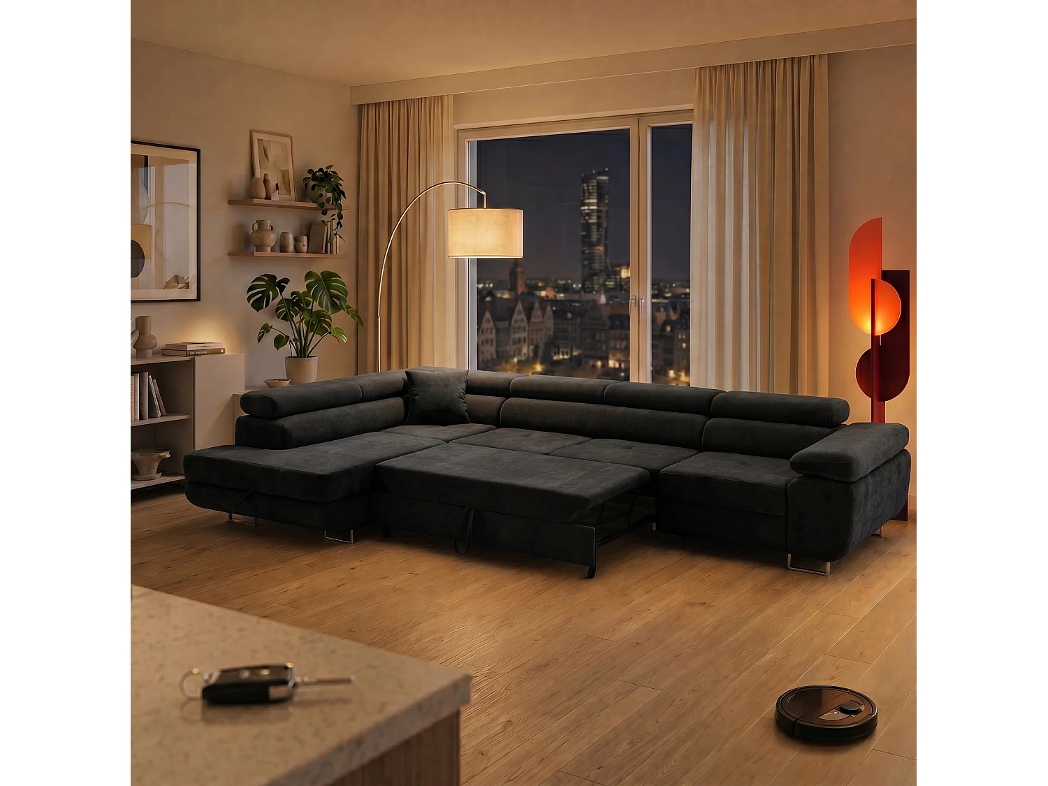 Canapé d'angle WILD MAXI L Gauche avec fonction couchage 125x195 Chenille Noir