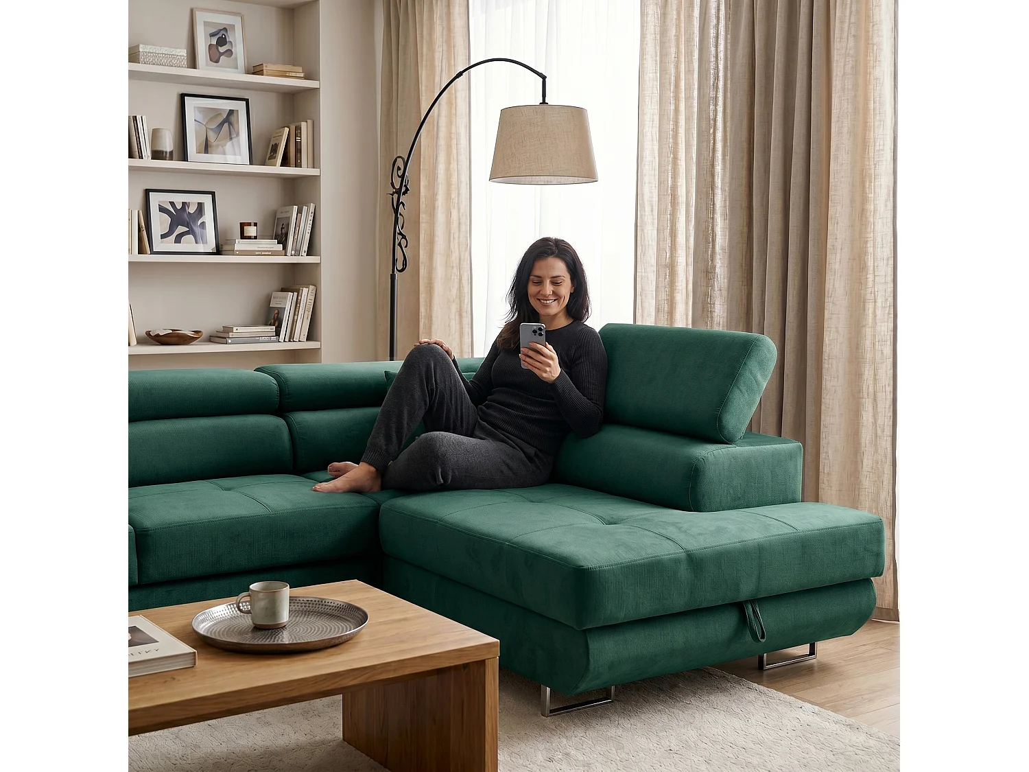 Ecksofa WILD L rechts mit Schlaffunktion 127x195 Velours grün