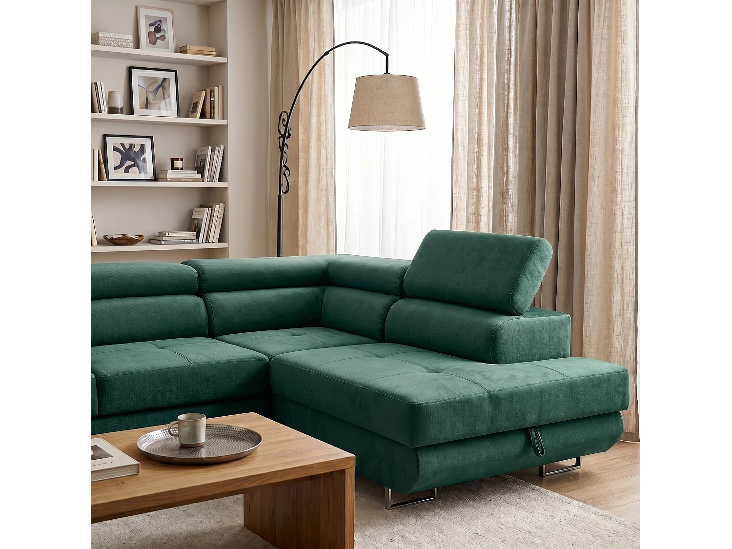 Canapé d'angle droit 3 places avec coffre en velours vert WILD