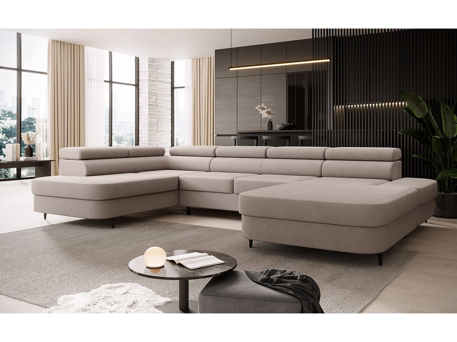Canapé panoramique convertible avec coffre PRIAM U Gauche avec fonction couchage  Velours crème