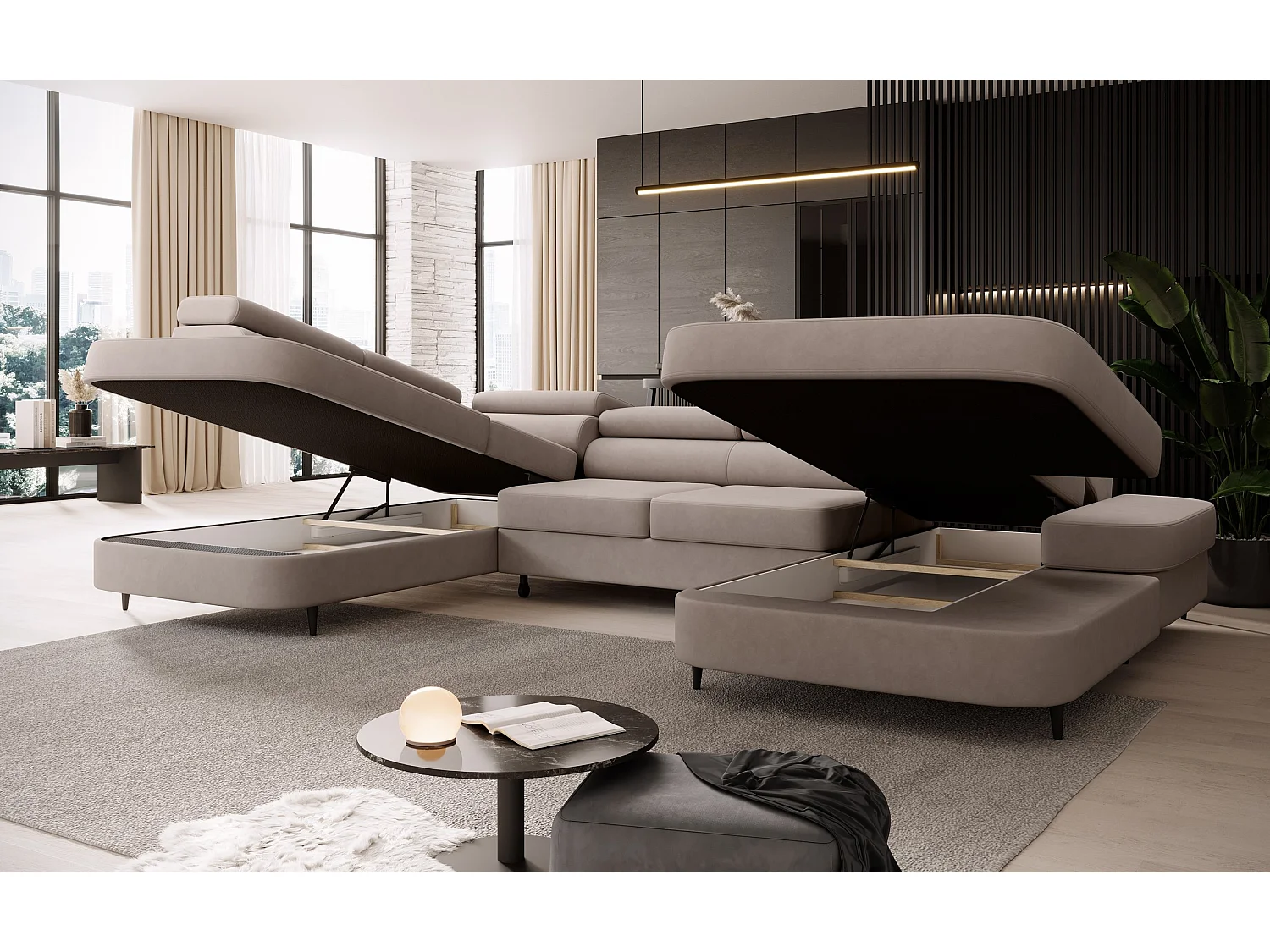 Canapé panoramique convertible avec coffre PRIAM U Gauche avec fonction couchage  Velours crème