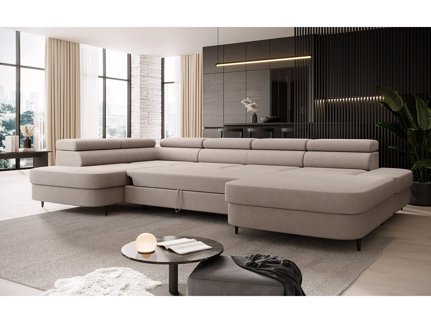 Canapé panoramique convertible avec coffre PRIAM U Gauche avec fonction couchage  Velours crème