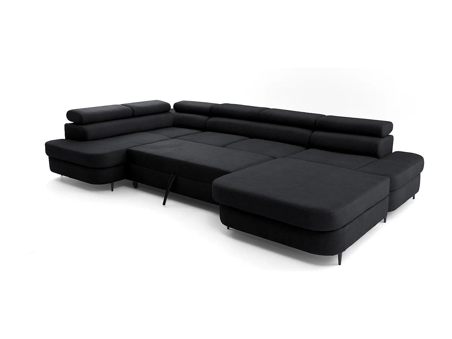 Canapé panoramique convertible avec coffre PRIAM U Gauche avec fonction couchage  Velours Noir