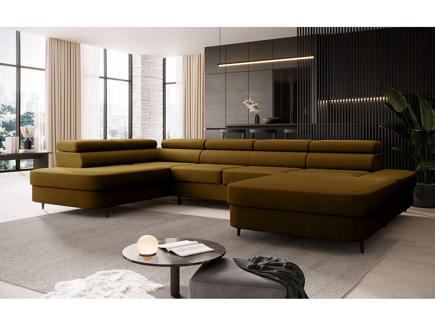 Canapé panoramique convertible avec coffre PRIAM U Gauche avec fonction couchage  Velours Miel