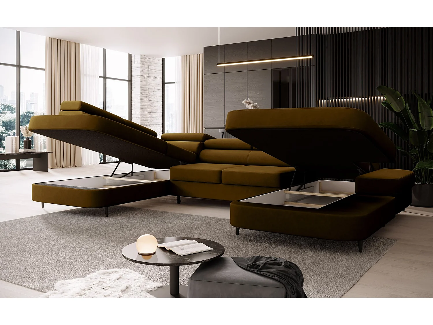 Canapé panoramique convertible avec coffre PRIAM U Gauche avec fonction couchage  Velours Miel