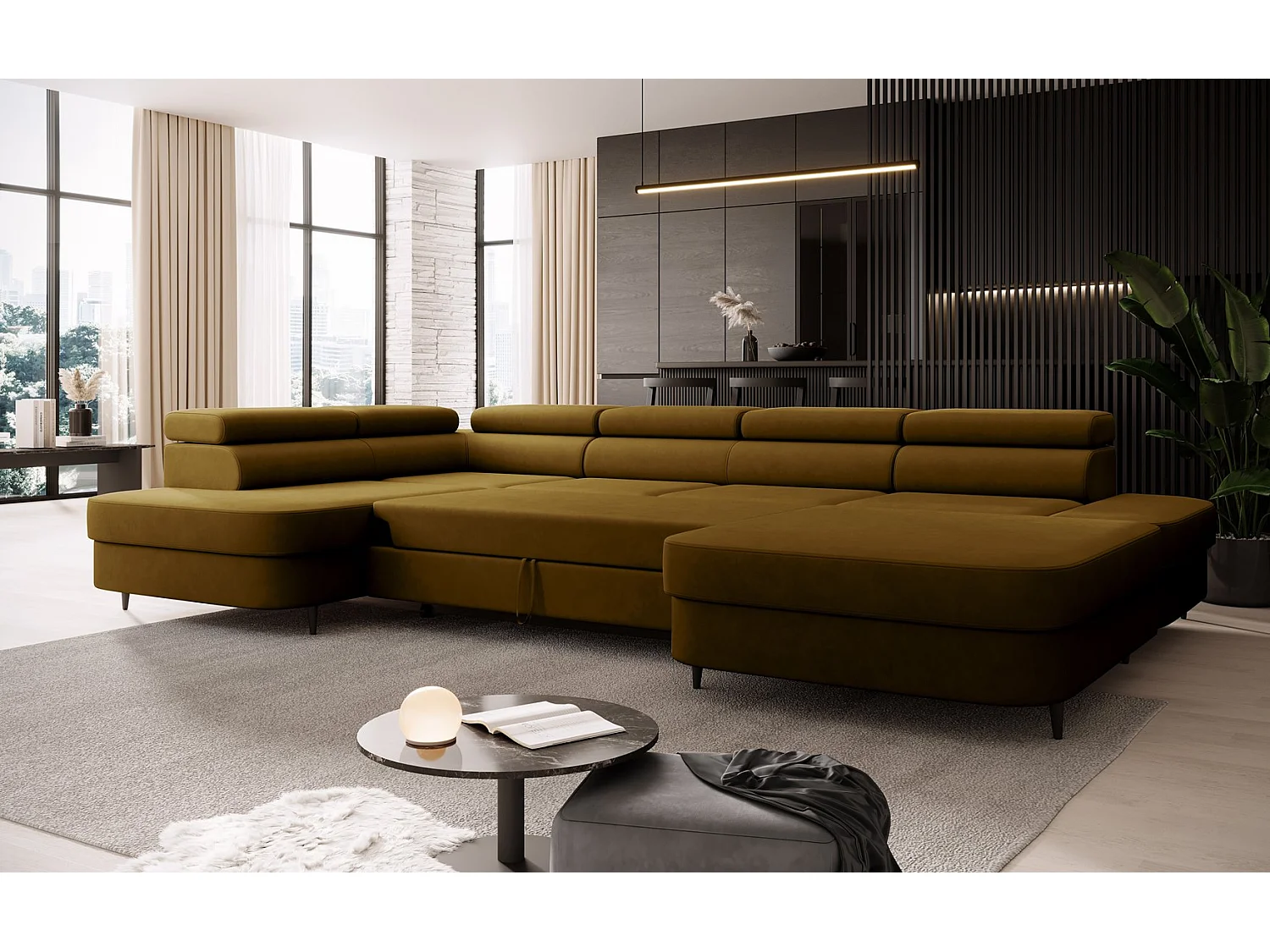 Canapé panoramique convertible avec coffre PRIAM U Gauche avec fonction couchage  Velours Miel