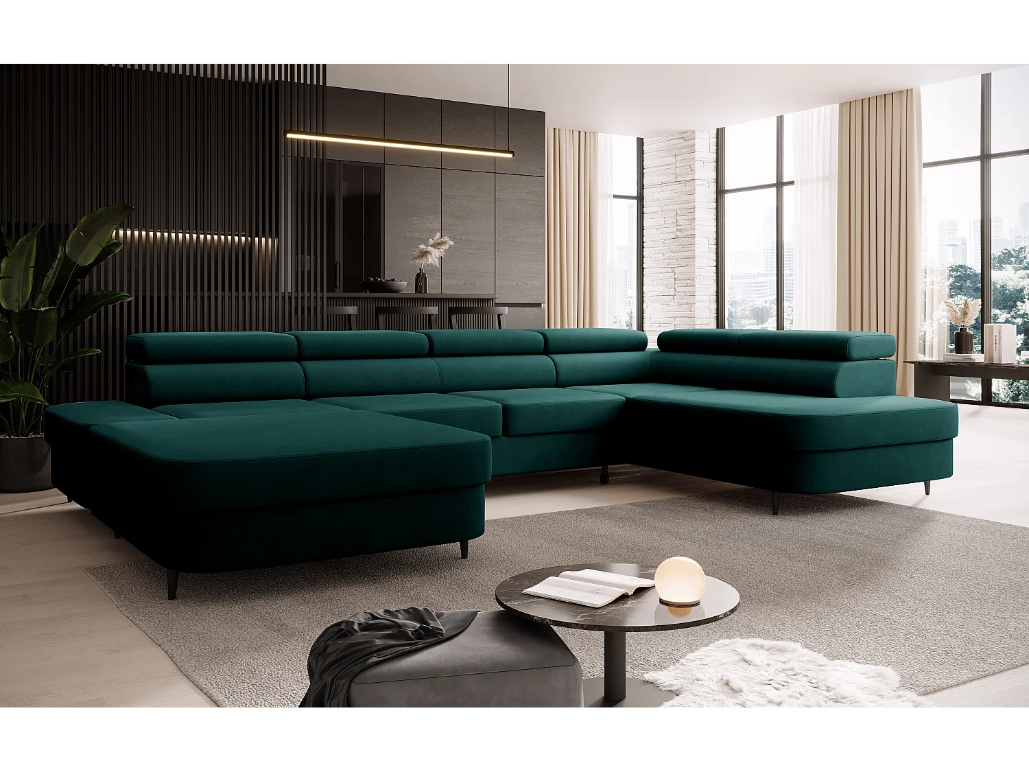 Canapé panoramique convertible avec coffre PRIAM U Droit avec fonction couchage  Velours Vert