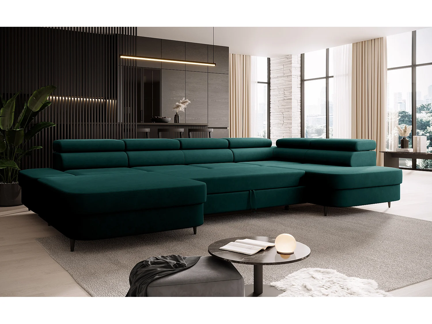 Canapé panoramique convertible avec coffre PRIAM U Droit avec fonction couchage  Velours Vert