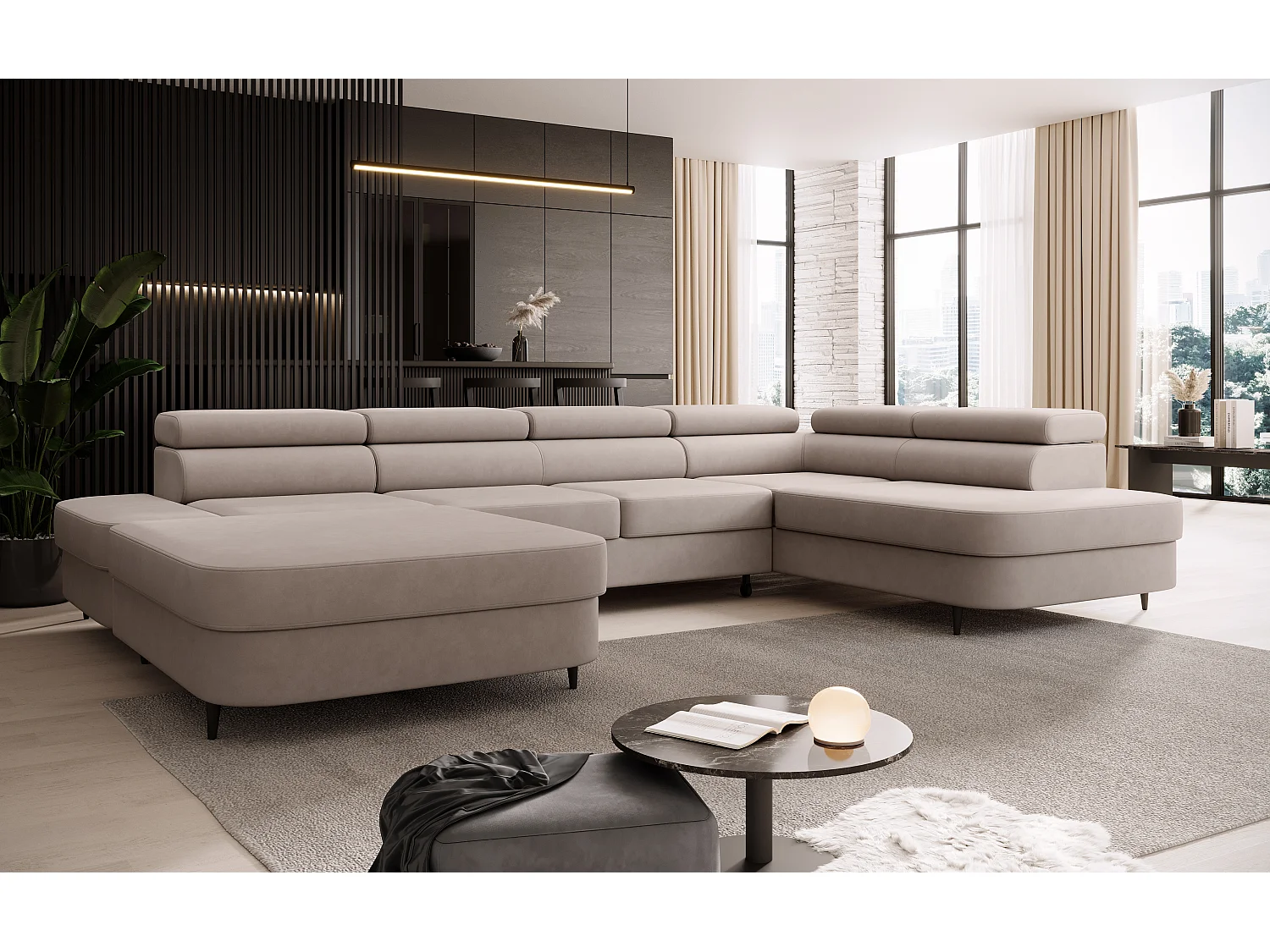 Canapé panoramique convertible avec coffre PRIAM U Droit avec fonction couchage  Velours crème