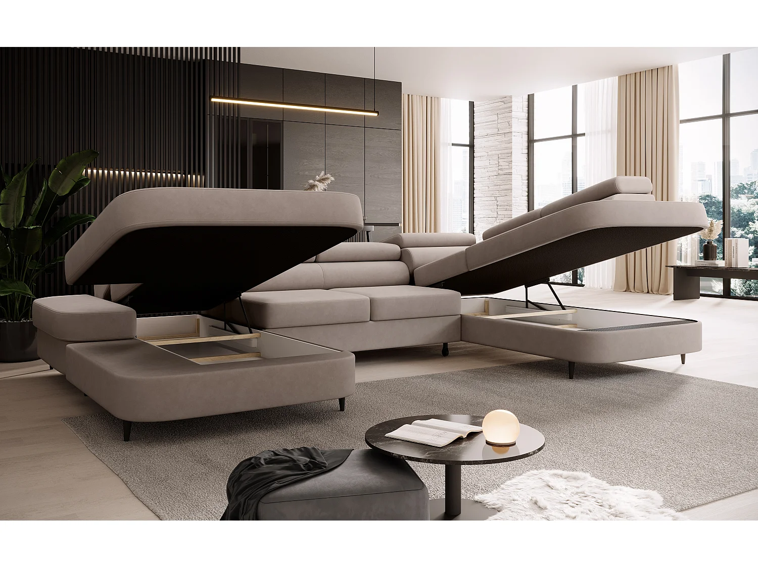 Canapé panoramique convertible avec coffre PRIAM U Droit avec fonction couchage  Velours crème