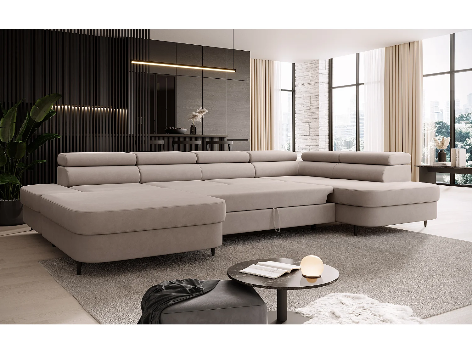 Canapé panoramique convertible avec coffre PRIAM U Droit avec fonction couchage  Velours crème