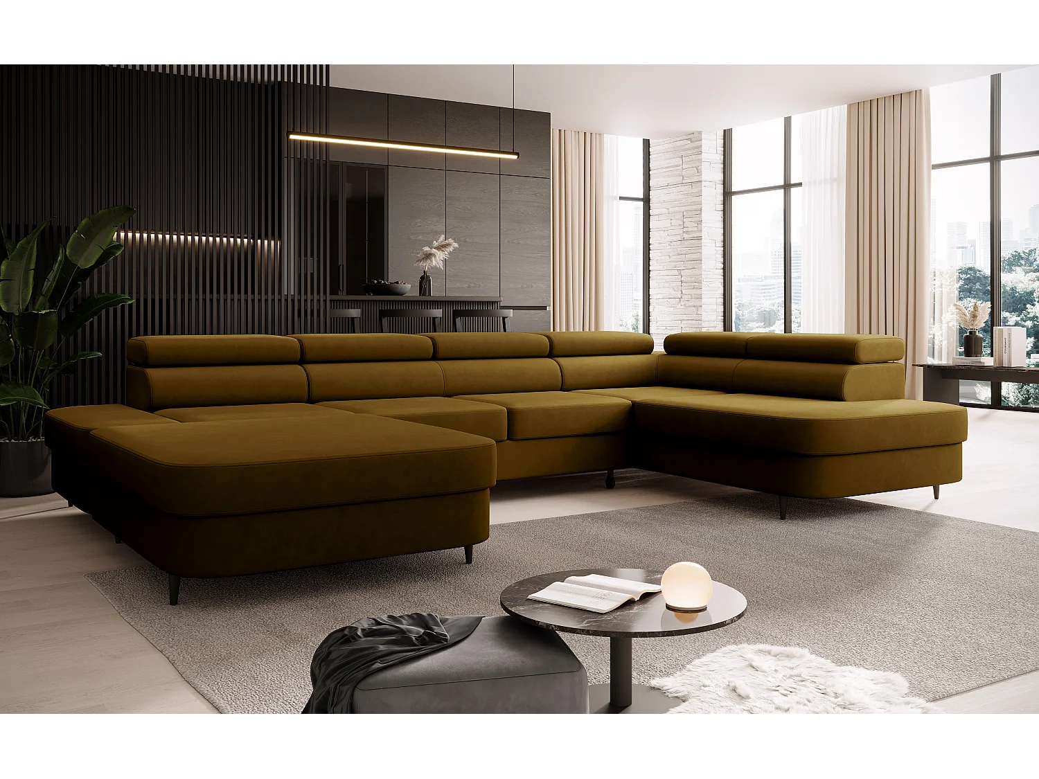 Canapé panoramique convertible avec coffre PRIAM U Droit avec fonction couchage  Velours Miel