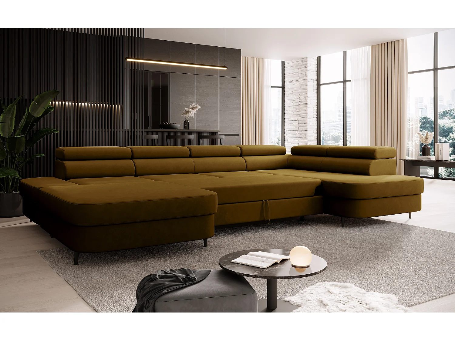 Canapé panoramique convertible avec coffre PRIAM U Droit avec fonction couchage  Velours Miel