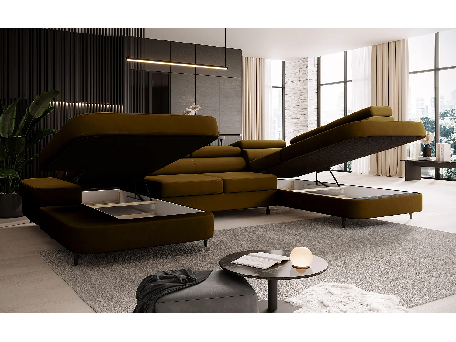 Canapé panoramique convertible avec coffre PRIAM U Droit avec fonction couchage  Velours Miel