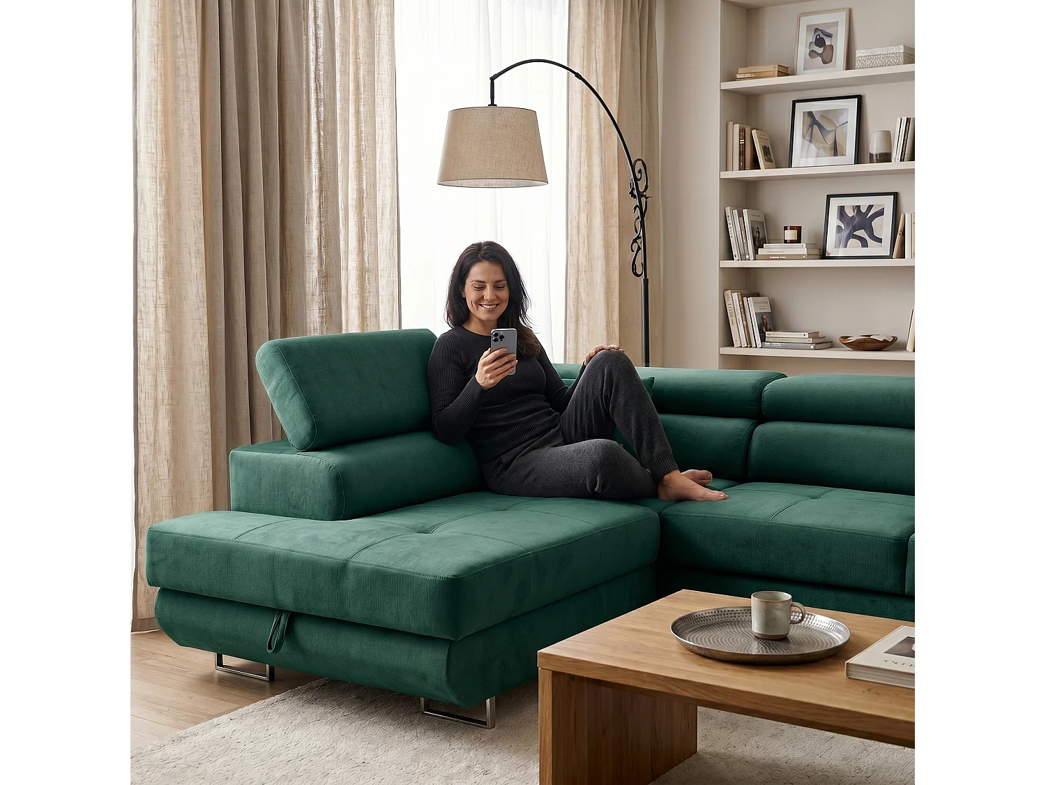 Ecksofa WILD L links mit Schlaffunktion 127x195 Velours grün