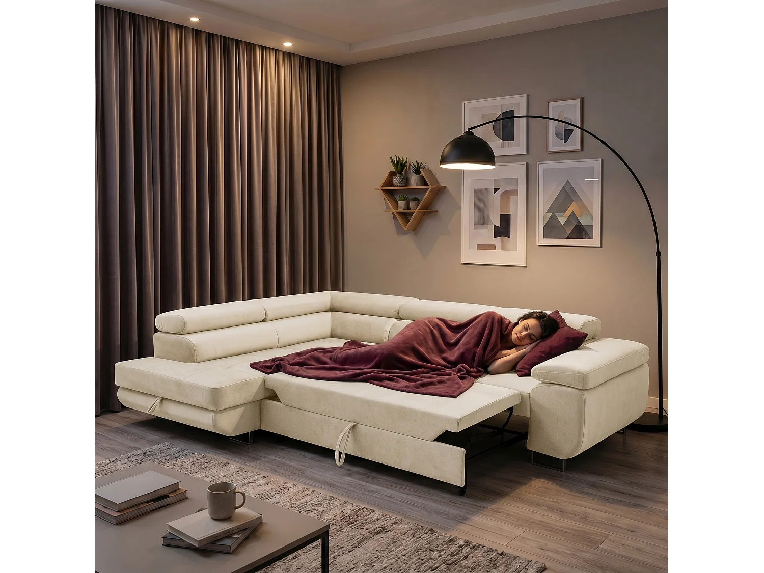 Ecksofa WILD L links mit Schlaffunktion 127x195 Velours beige