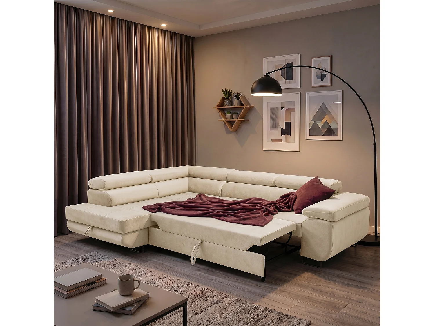 Canapé d'angle gauche 3 places avec coffre en velours beige WILD