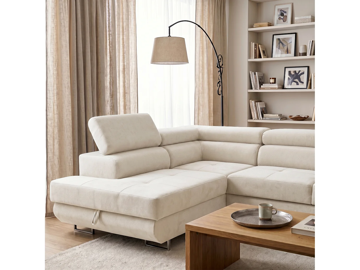 Canapé d'angle gauche 3 places avec coffre en velours beige WILD